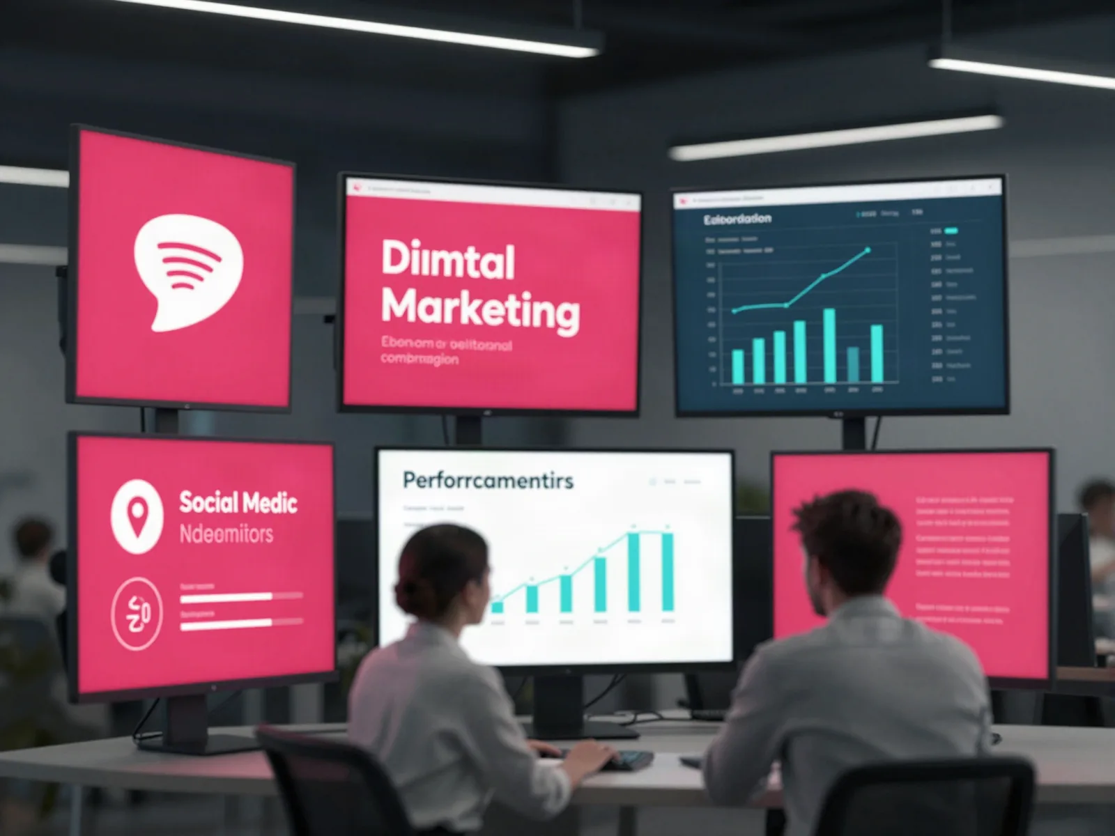 Campaña de marketing digital con métricas en pantalla